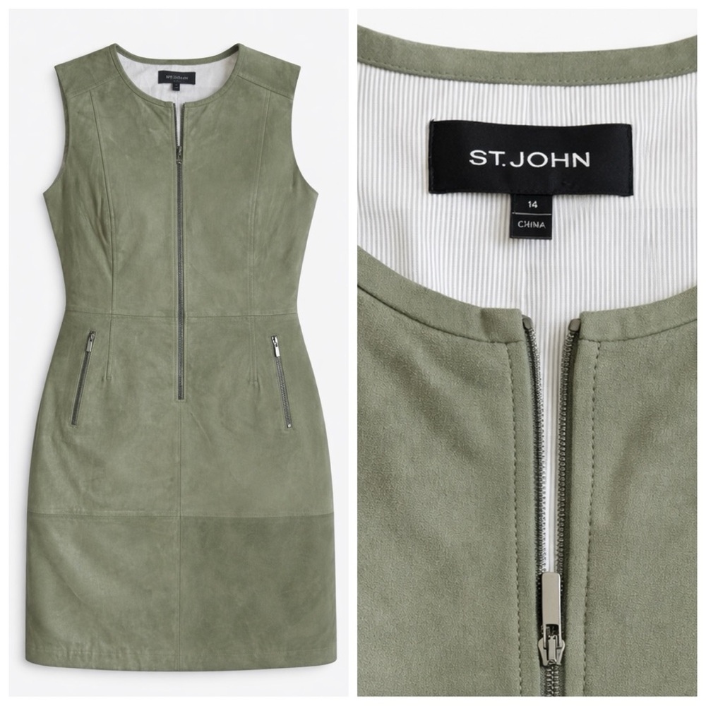 St. John leather suede green zip midi dress. Striped lining. Very good cond. -14 - Picture 3 of 6